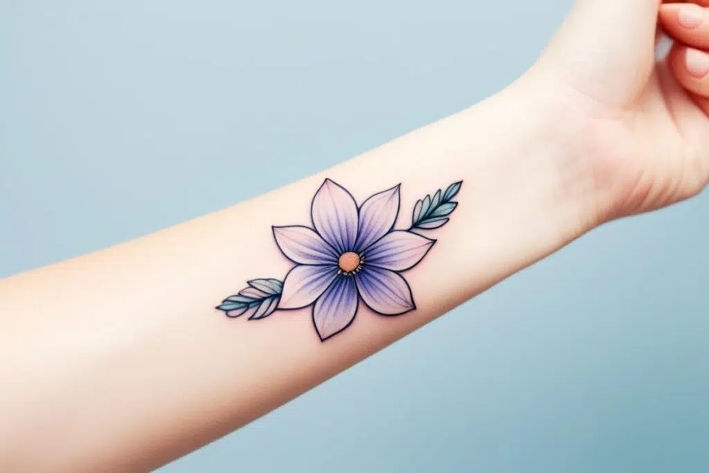 tatuagem colorida feminina no pulso com flores