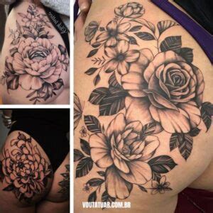 tatuagem realista flor preto e cinza bumbum