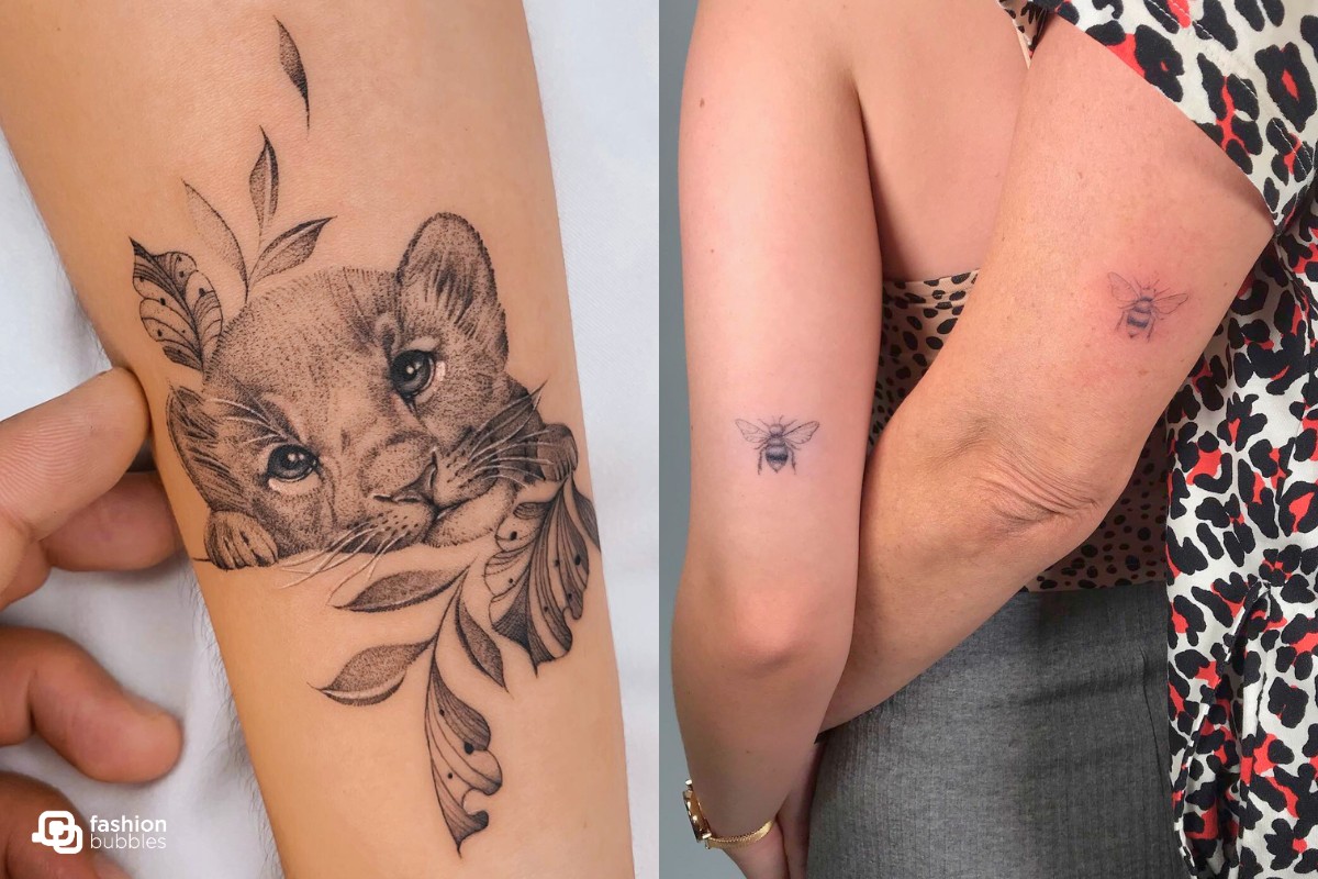 tatuagem mãe e filho leoa fineline