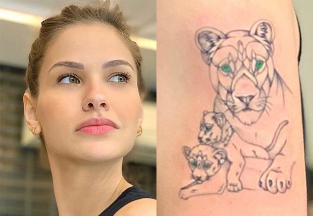 tatuagem leoa com nome do filho