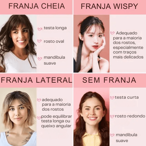 5 ideias de títulos:
1. Franja Perfeita: Descubra o Corte Ideal para o Seu Formato de Rosto
2. Guia Completo: Como Escolher a Franja que Mais Combina com Você
3. Rosto Redondo