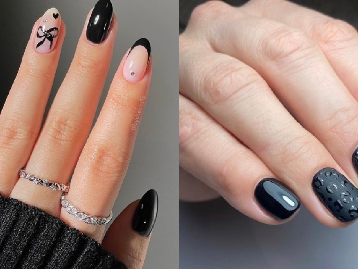 Unhas de gel pretas decoradas com glitter