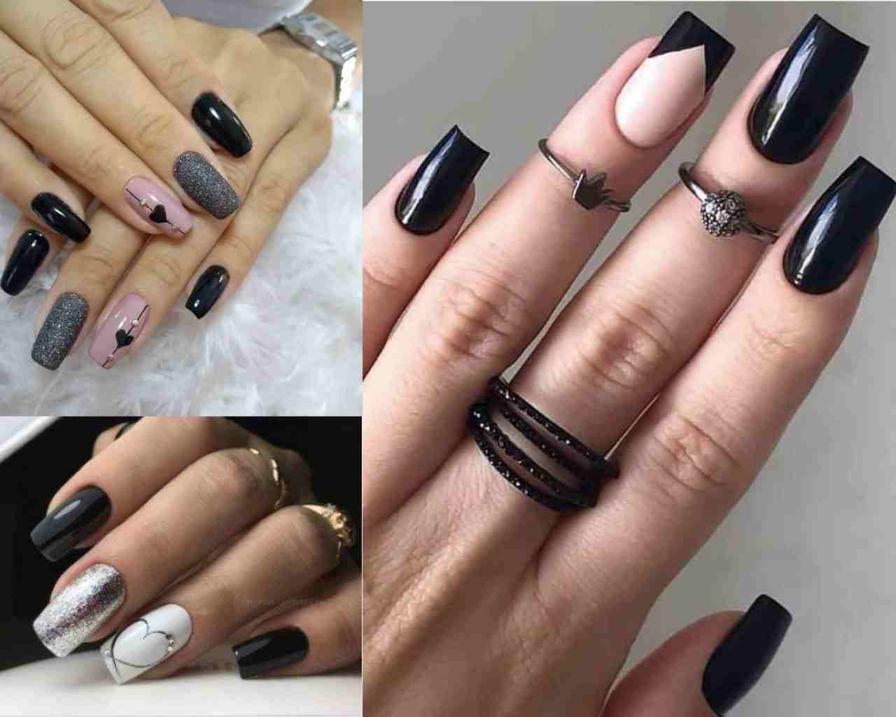 Unhas de gel pretas marmorizadas com folha de ouro