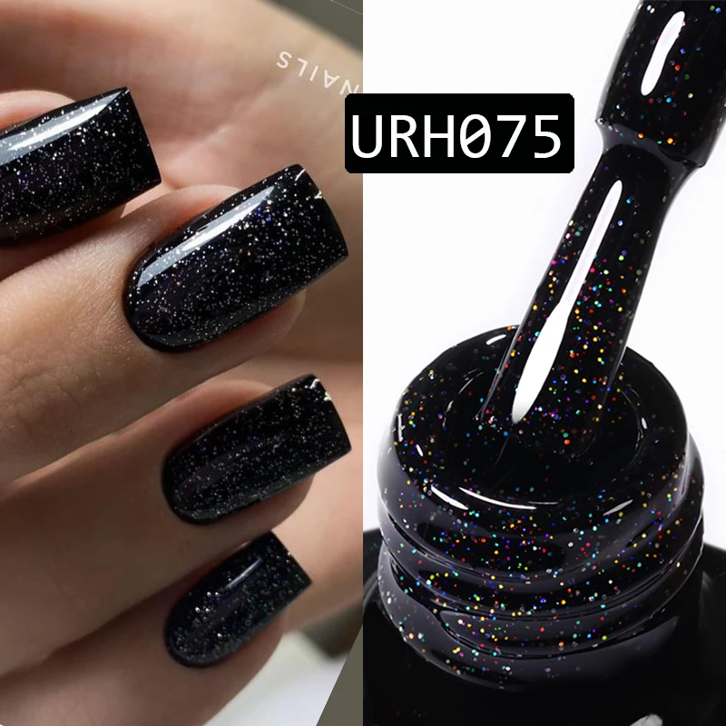 Unha Em Gel Preta Com Glitter