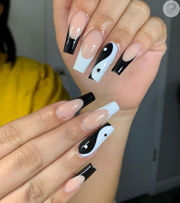 ideias de unhas em gel preto e branco