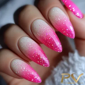 Unha Em Gel Rosa Com Glitter