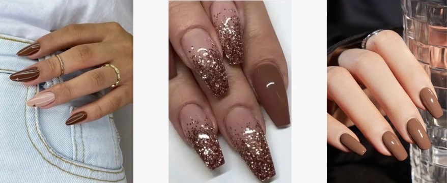 unha marrom café com glitter