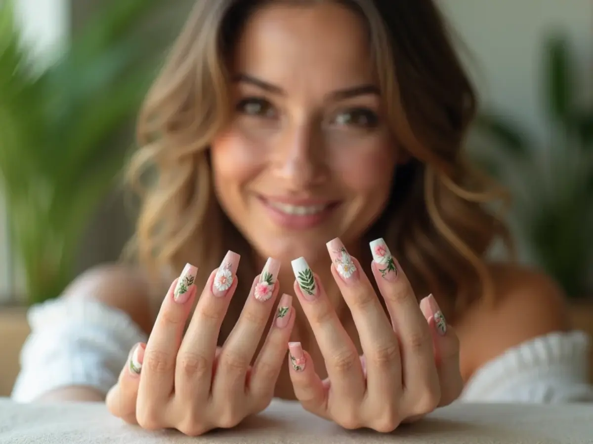 ideias de unhas decoradas com flores adesivo e pintadas