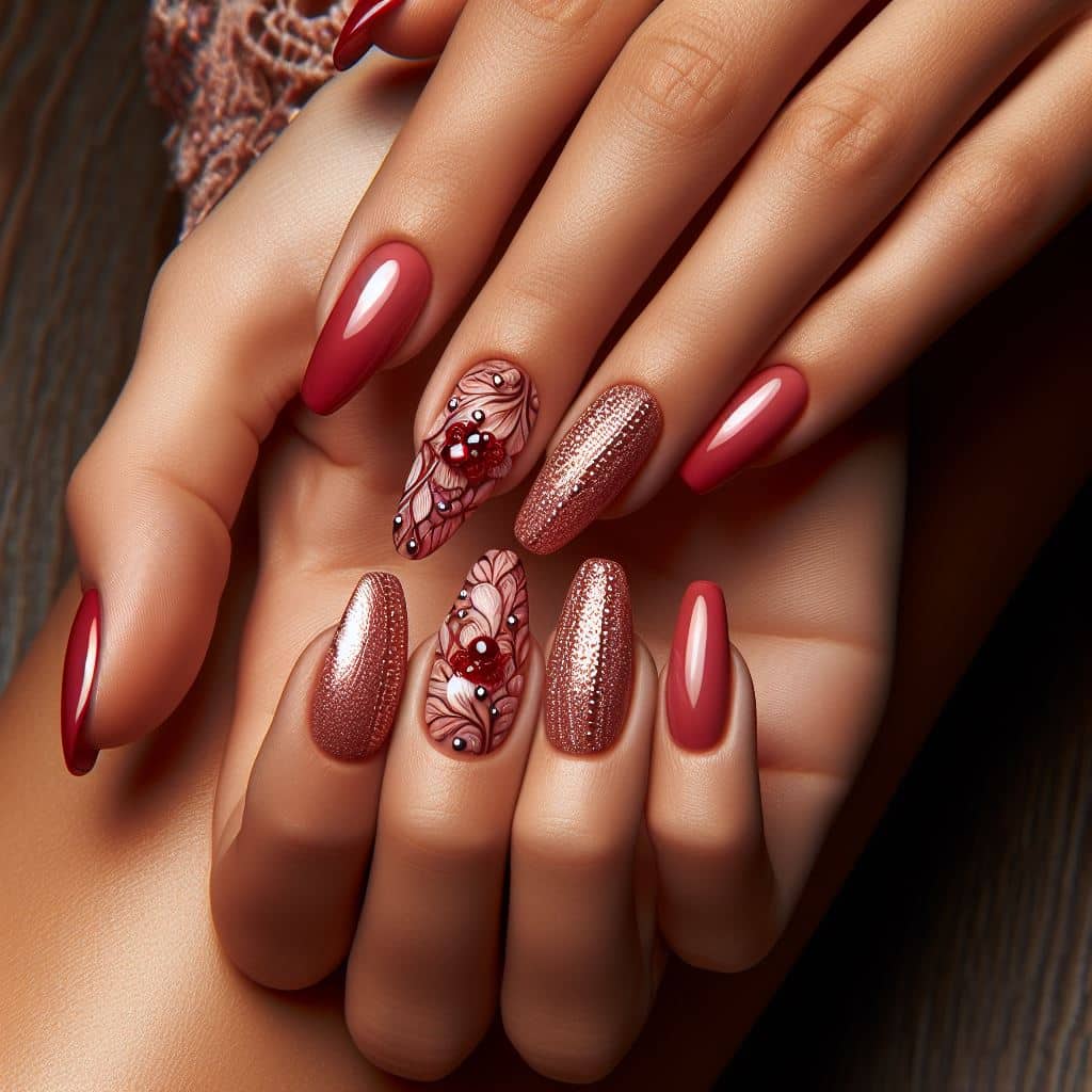 ideias de unhas vermelhas com dourado para festas