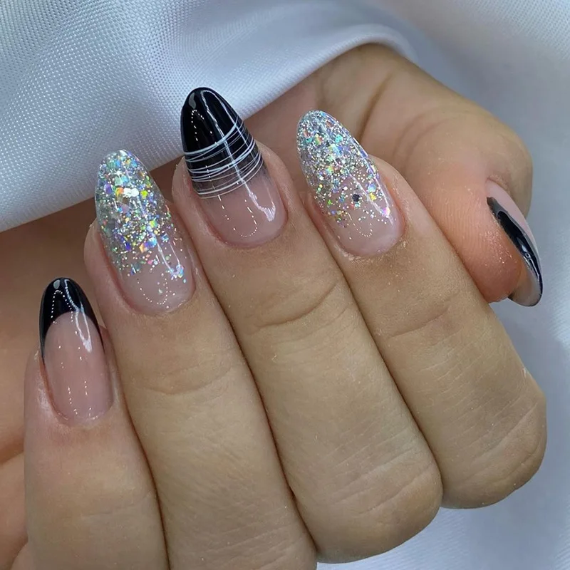 unhas de acrílico pretas com glitter