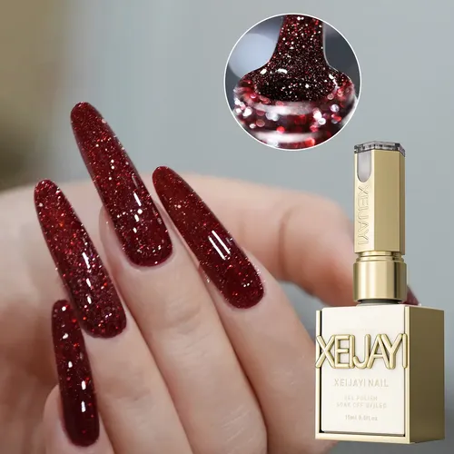 unhas vermelhas com glitter holográfico