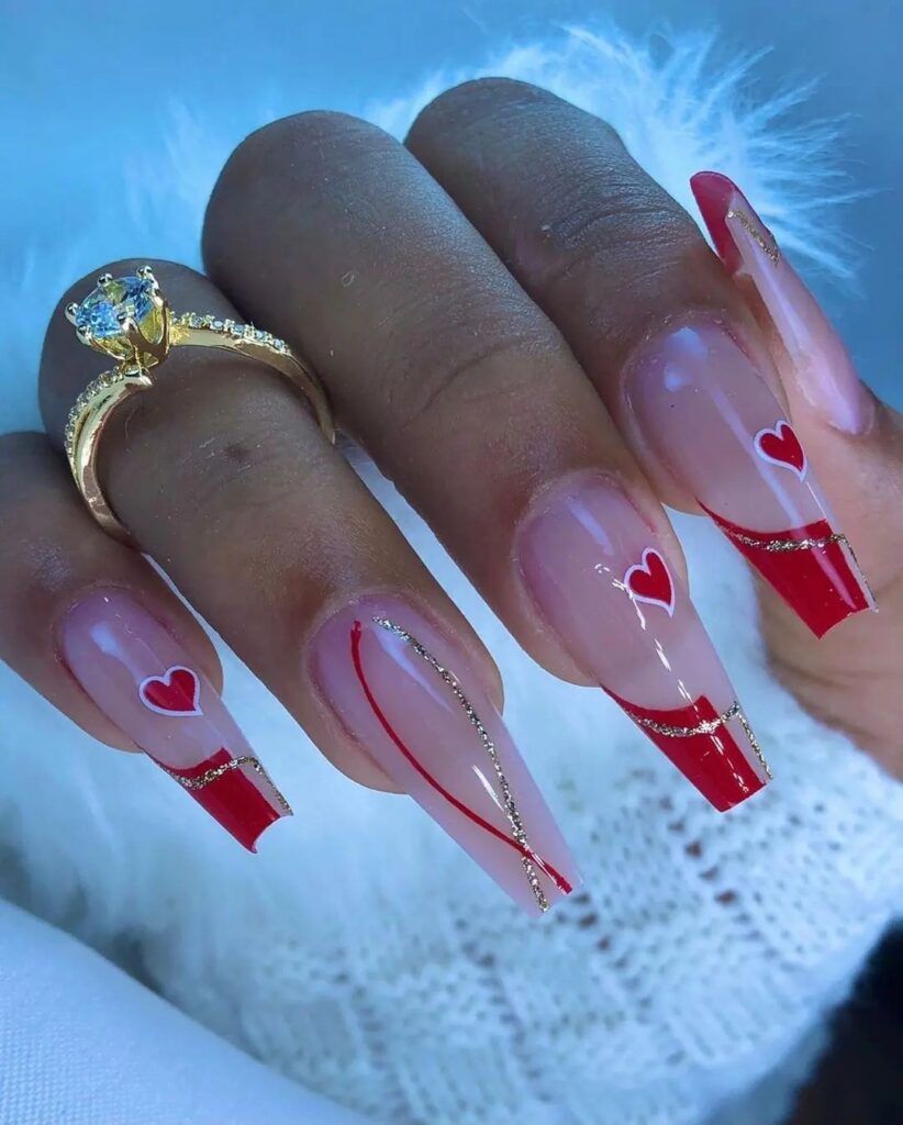 unhas vermelhas com glitter branco