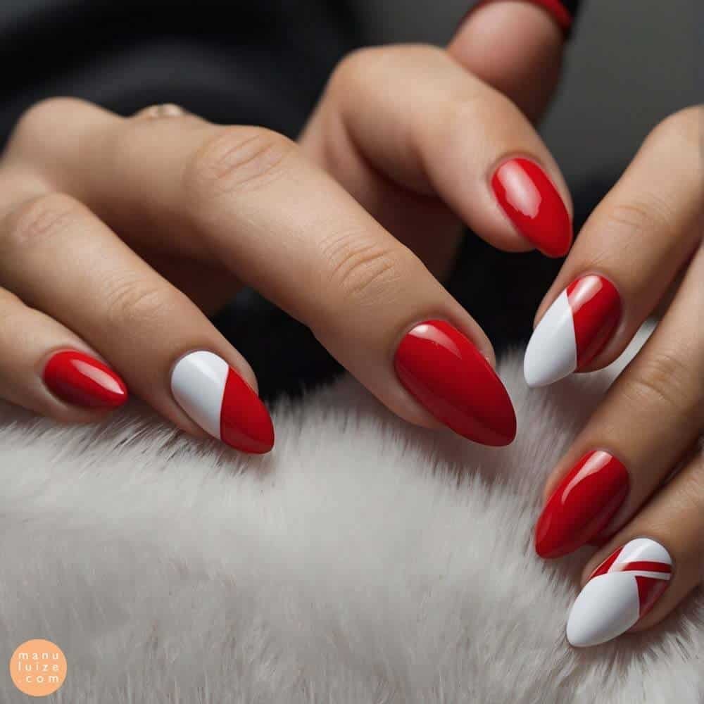 unhas vermelhas com flores brancas