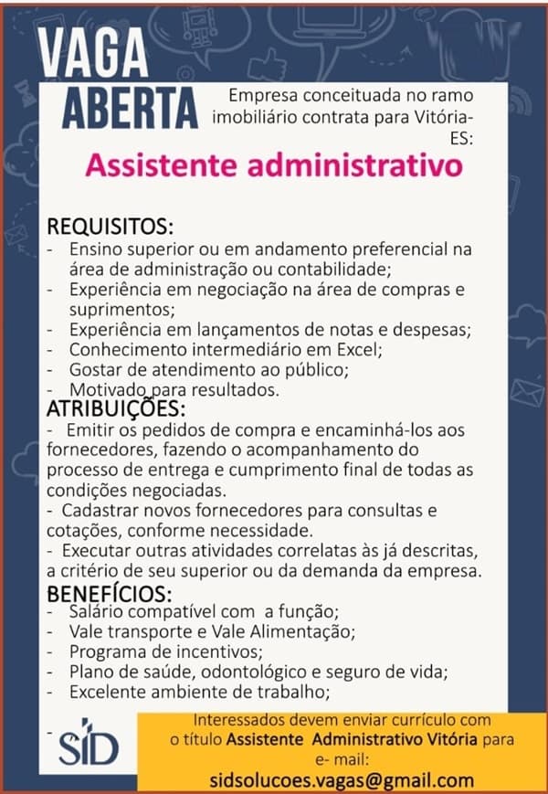 vagas assistente administrativo