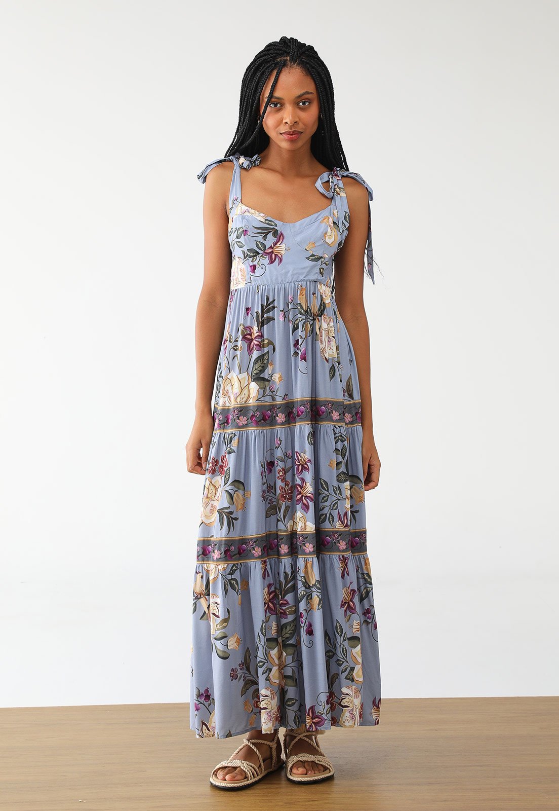 vestido farm longo azul liso