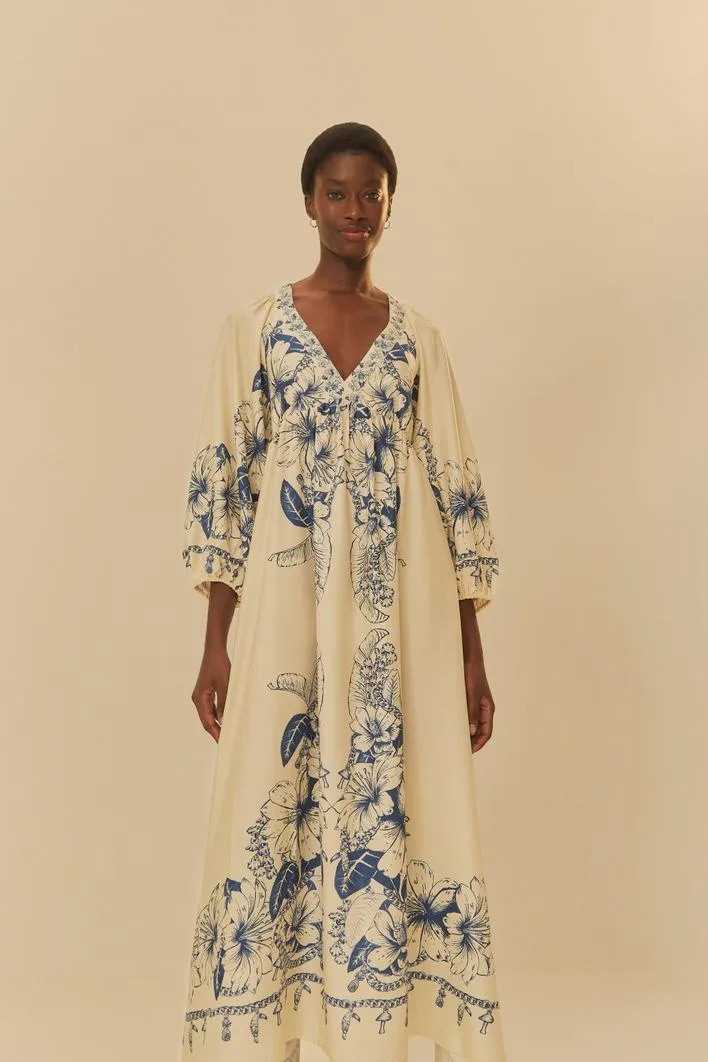 vestido farm longo azul floral