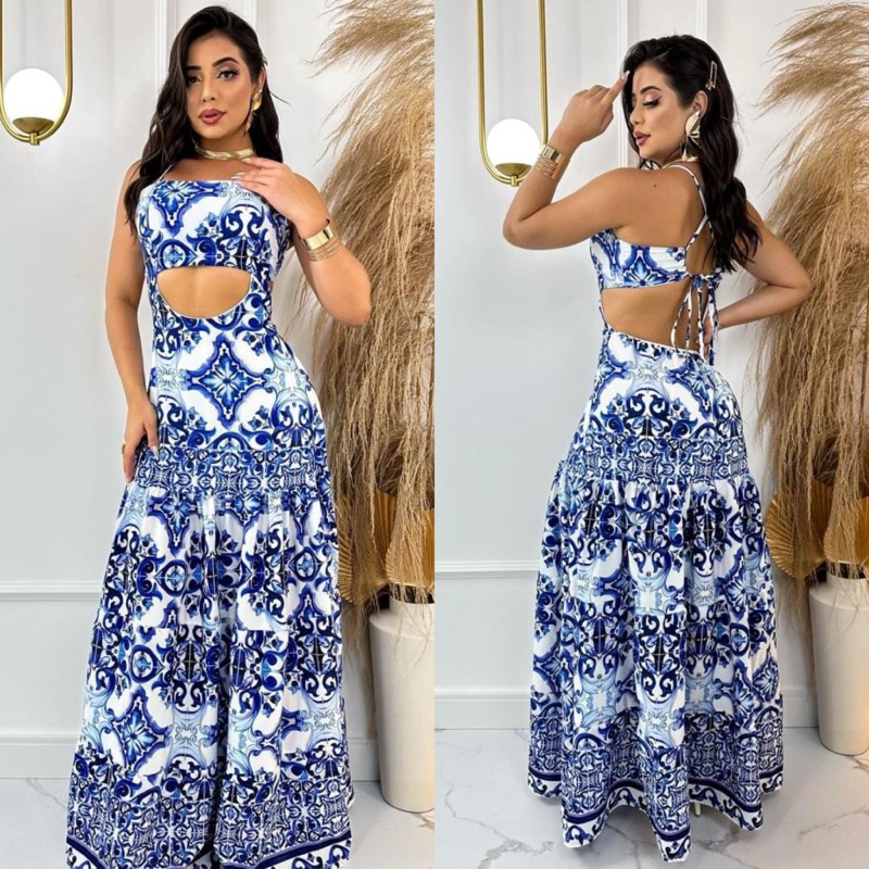 vestido farm longo azul estampado