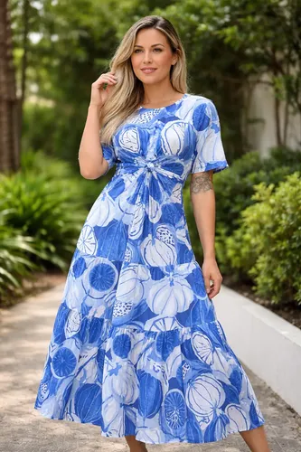vestido farm longo azul liso