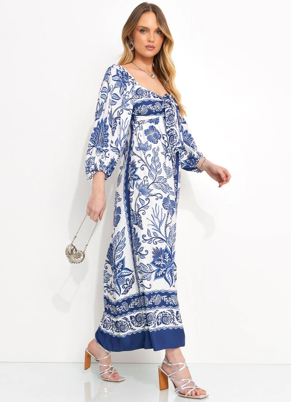 vestido farm longo azul viscose