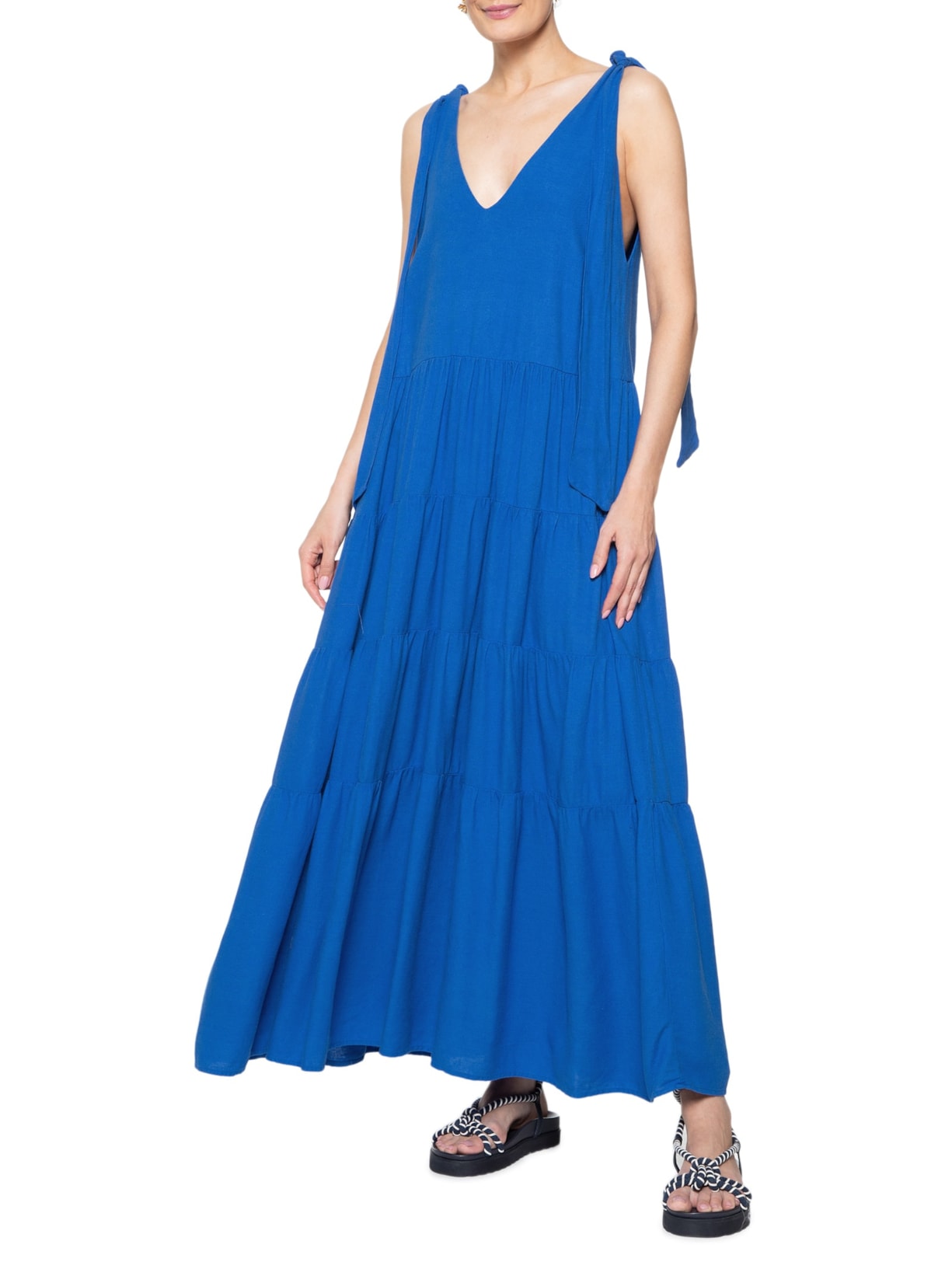 vestido farm longo azul seda