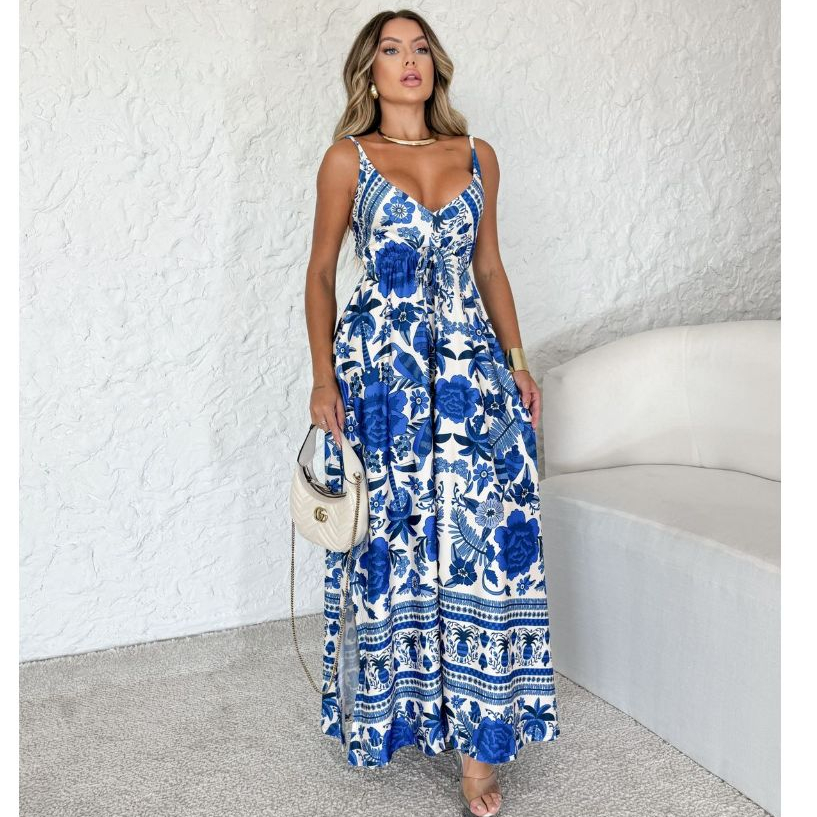 vestido farm longo azul algodão