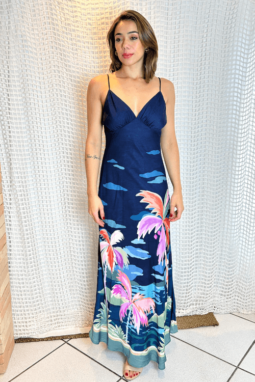 vestido farm longo azul com manga