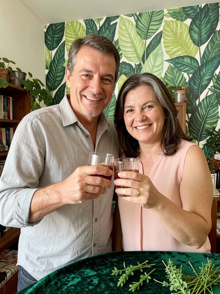 Casal de meia-idade brindando taças de vinho tinto em mesa posta com veludo e ramos de ervas