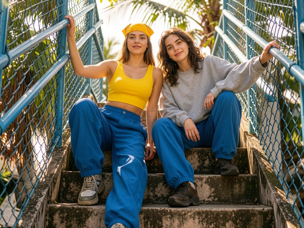Duas jovens em escada de concreto desgastado, uma de top amarelo e bandana, outra de moletom cinza, luz filtrada por cerca azul.