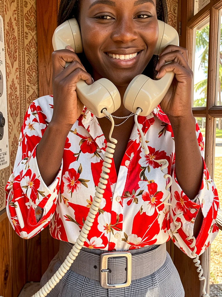 Mulher negra com camisa floral vermelha e branca, cinto xadrez cinza e telefone vintage de disco no ouvido, dentro de cabine telefônica de madeira com papel de parede estampado, luz natural tropical.