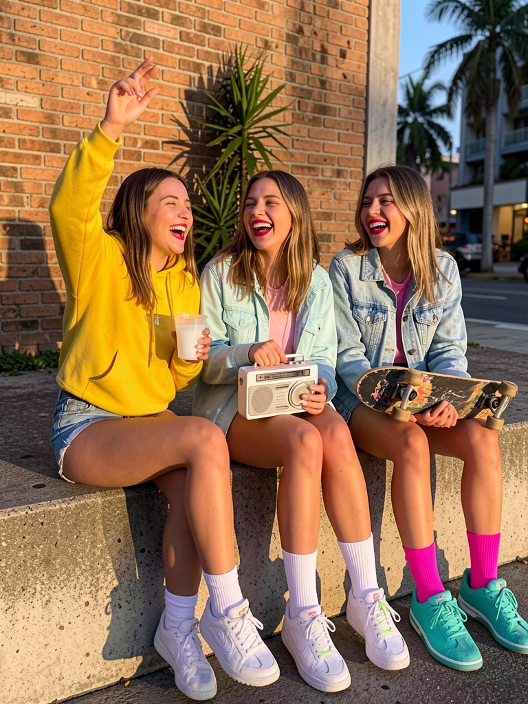 Três jovens sentadas em um parapeito de concreto ao ar livre, uma com um copo de líquido branco, outra com um rádio branco e a terceira com um skate, vestindo hoodie amarelo, jaqueta azul claro e jaqueta jeans, com meias rosa choque e tênis verde-água, parede de tijolos e rua ao fundo, luz natural do entardecer.