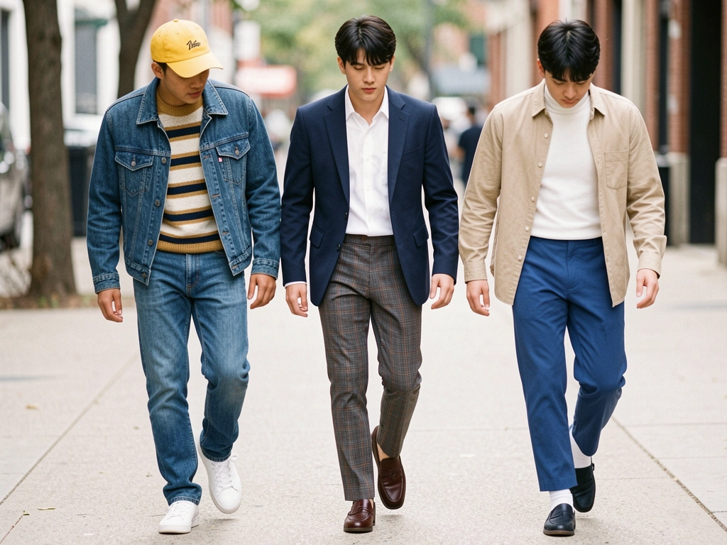 Três jovens caminhando em fila: um de boné amarelo e jaqueta jeans, outro de blazer azul-marinho e calça xadrez, o terceiro de gola rulê branca e calça azul, luz natural suave ao fundo desfocado.