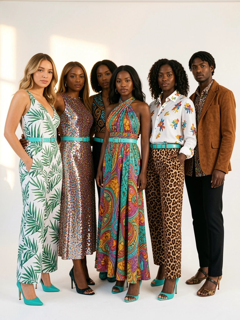 Seis modelos com roupas estampadas e cintos turquesa em estúdio com luz natural difusa.
