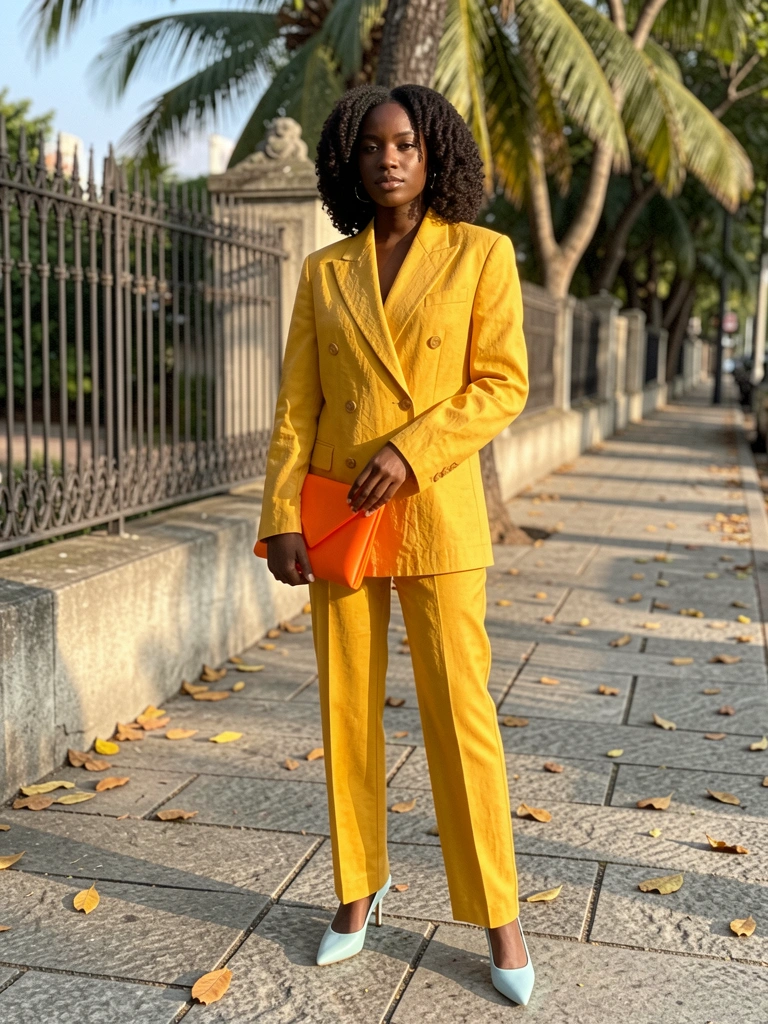 Jovem negra de terno mostarda oversized e salto azul claro segurando clutch laranja em calçada de pedra com folhas secas, cerca de ferro e árvores ao fundo, luz natural.