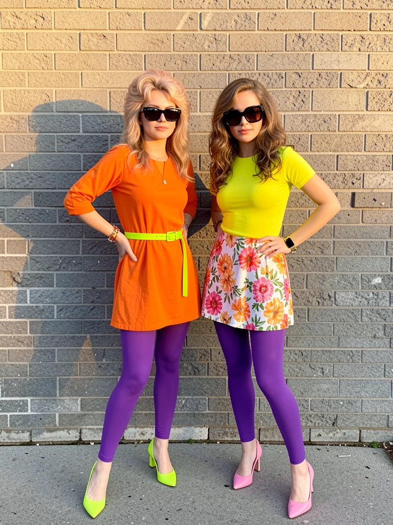 Duas mulheres em roupas vibrantes dos anos 80, uma de túnica laranja e leggings roxas, outra de top amarelo e saia floral, contra parede de tijolos cinza com luz natural.