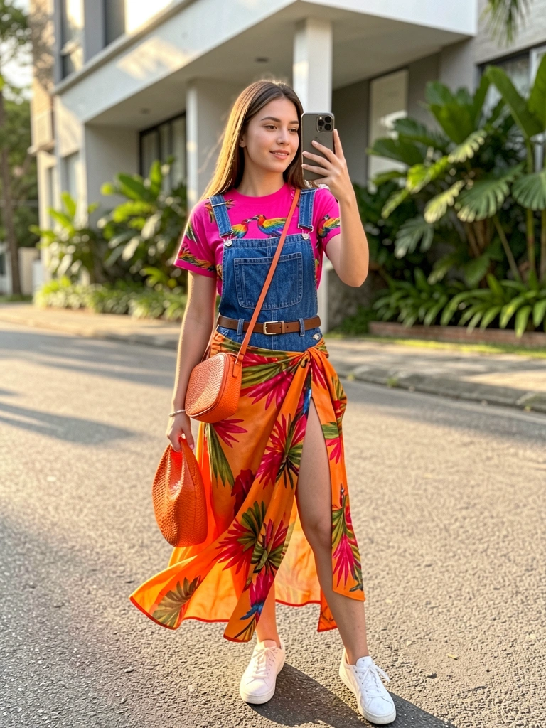 Mulher jovem com camiseta rosa de estampa tropical, saia laranja e vermelha, bolsa laranja texturizada e tênis branco, tirando selfie em rua ensolarada com prédio moderno e vegetação.