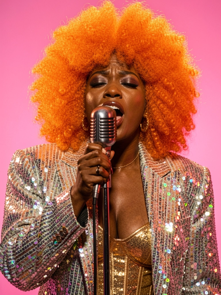 Mulher negra de cabelo alaranjado volumoso cantando em microfone vintage, blazer de lantejoulas iridescentes e corset dourado, fundo rosa vibrante com iluminação quente.