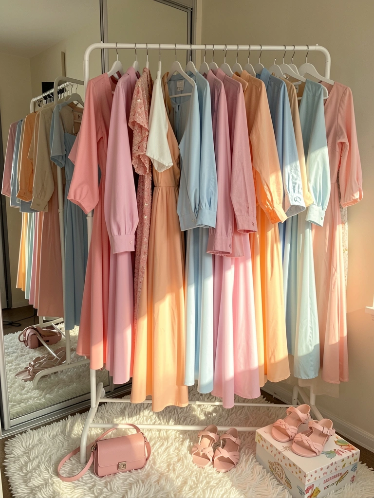 Arara branca transbordando vestidos pastel, sapateira organizada e bolsa pink sobre tapete felpudo, luz solar suave.