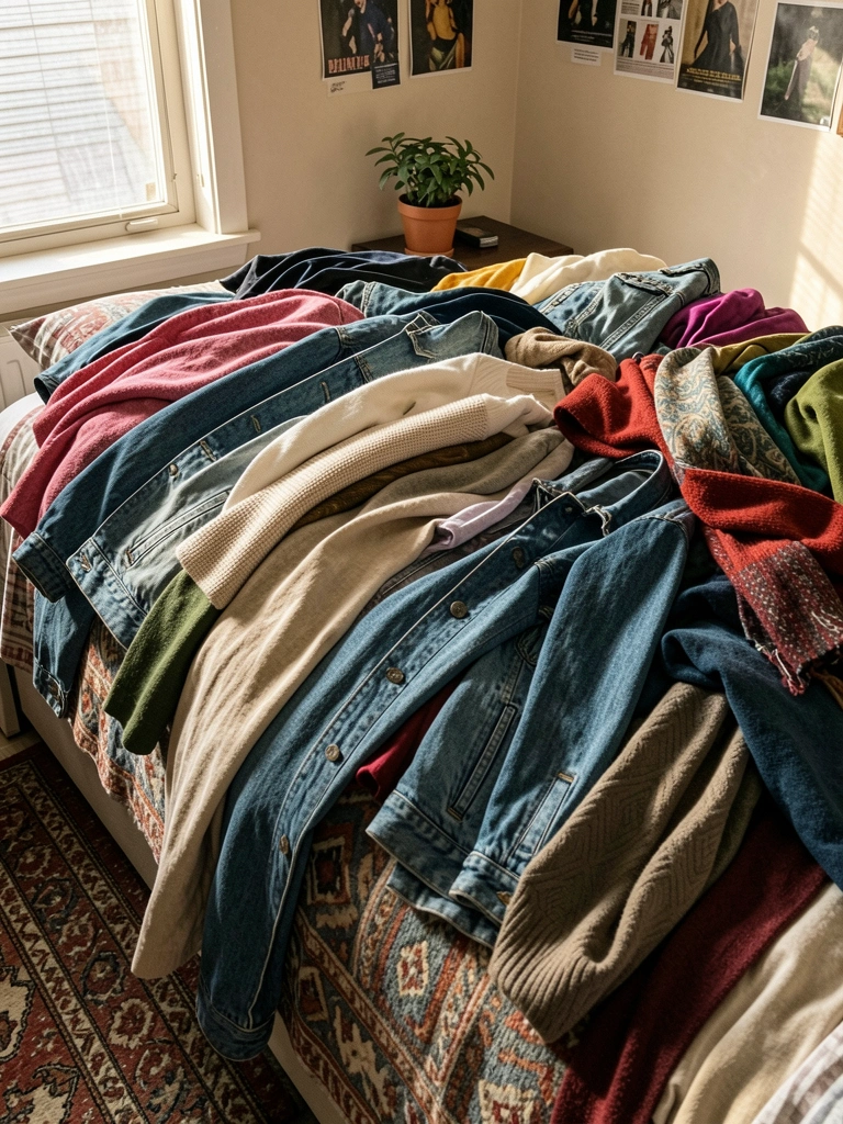 Denim jackets, sweaters, and scarves piled on a bed with patterned blanket, small potted plant on bedside table, warm daylight through window, muted tones with color pops.