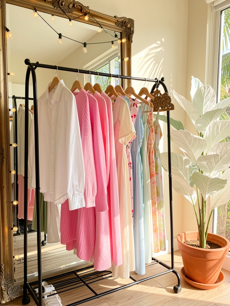 Cabideiro preto com roupas coloridas penduradas, espelho ornamentado com luzes de fada, vaso branco no chão e luz natural.