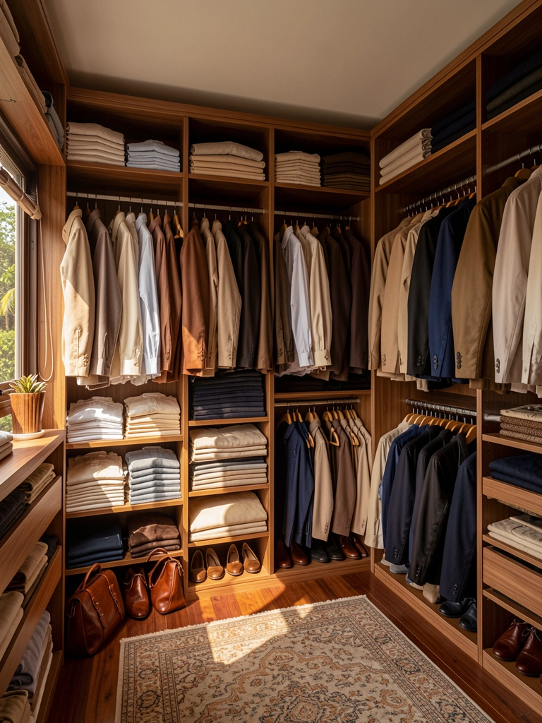 Prateleiras de madeira com camisas, calças e jaquetas em bege, marrom e azul-marinho; bolsas e sapatos no chão; luz natural entra pelas janelas.