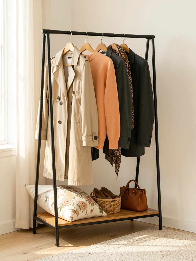 Brasa de luz natural incide sobre cabideiro preto de madeira com trench coat bege, suéter laranja, blazer cinza e lenço estampado; cesto trançado com sapatos e almofada floral na prateleira inferior.