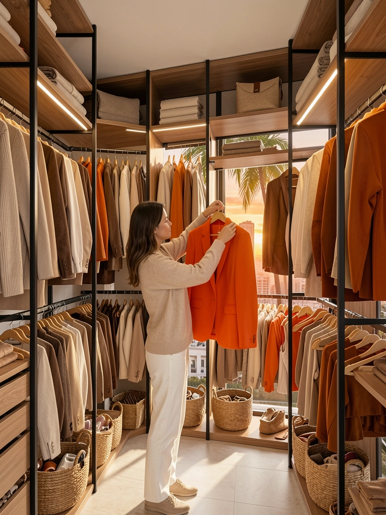 Mulher de suéter bege pendura blazer laranja em cabide de madeira em closet com prateleiras escuras e cestos de vime, luz do pôr do sol ao fundo.