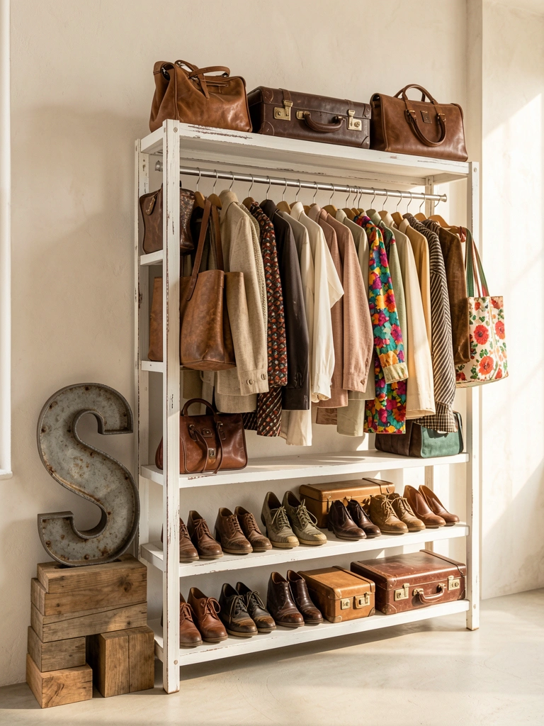 Prateleira industrial branca com roupas penduradas, malas de couro e bolsas floridas, luz natural e parede ao fundo.