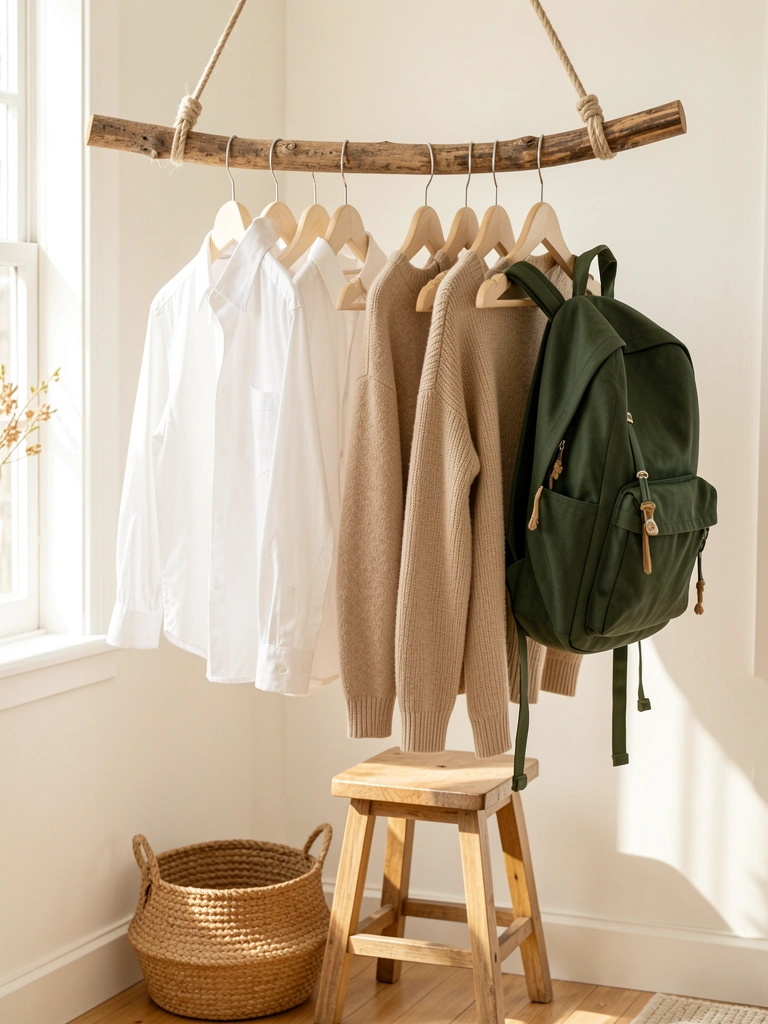 Vara de madeira rústica pendurada no teto com cabides claros exibindo camisas brancas, suéteres bege e mochila verde-escura, banco de madeira e cesto de vime no chão, luz natural.