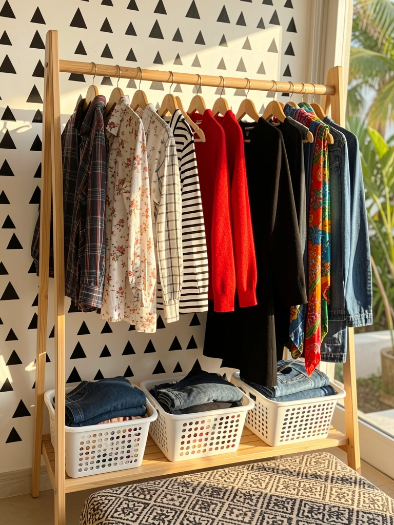 Carrinho de roupas de madeira com cabides exibindo camisas xadrez, floral e listrada, além de suéter vermelho e vestido preto; cestas plásticas brancas com roupas dobradas na prateleira inferior; parede com adesivos triangulares pretos e pufe estampado em primeiro plano, luz natural tropical.
