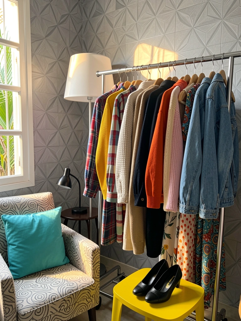 Cabideiro metálico prateado com camisas xadrez, suéteres e jaquetas jeans pendurados, luz natural de janela e abajur aceso ao lado de poltrona estampada com almofada turquesa.