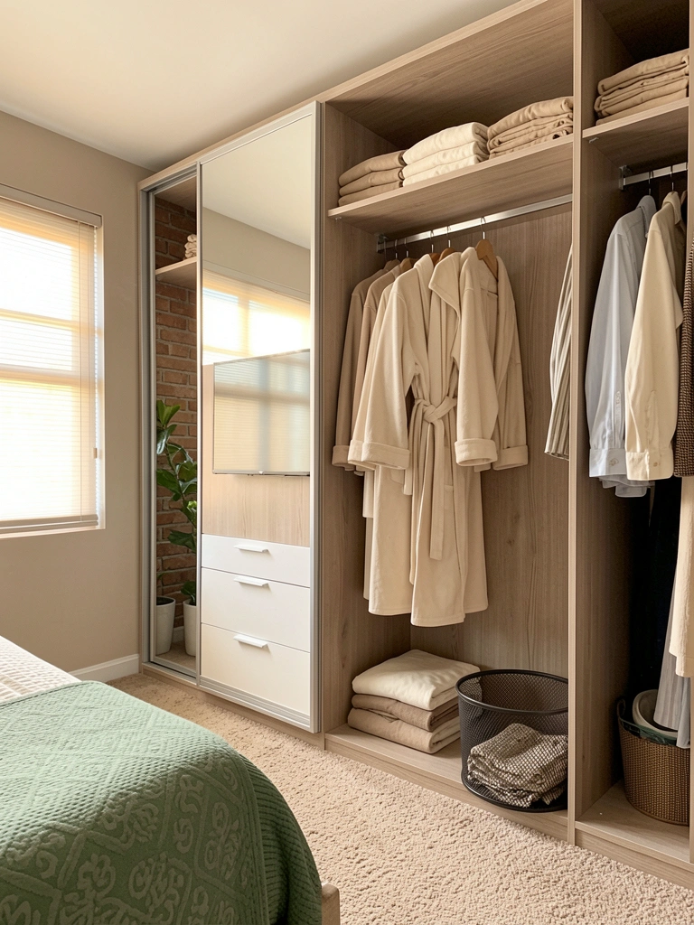 Guarda-roupa com portas espelhadas e prateleiras de madeira clara, roupas dobradas em tons neutros, cesto de metal escuro no chão e luz natural filtrando pelas persianas.