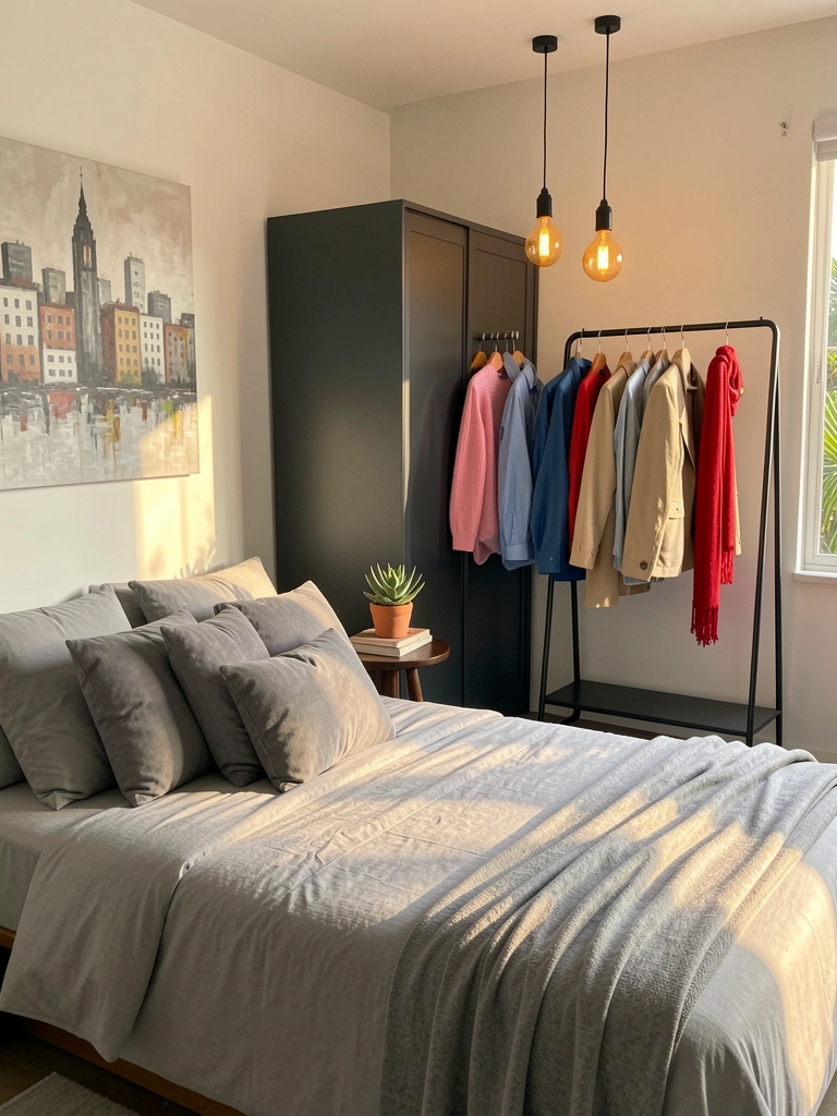 Guarda-roupa escuro com cabides coloridos, cama com colcha cinza e almofadas, abajur com livros e quadro abstrato, luz natural.