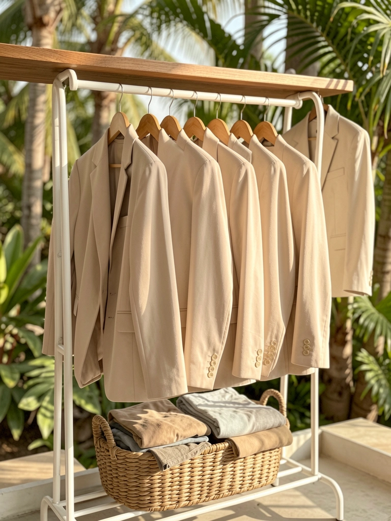Cabideiro branco de metal com oito blazers bege claro em cabides de madeira, cesto de vime com roupas dobradas embaixo e prateleira de madeira com paletó bege ao fundo, luz natural tropical.