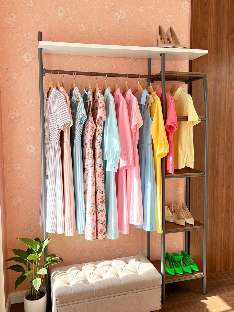 Prateleira de ferro escuro e madeira com camisas listradas e florais em tons pastel, parede de pêssego texturizada e banco estofado com sapato verde.